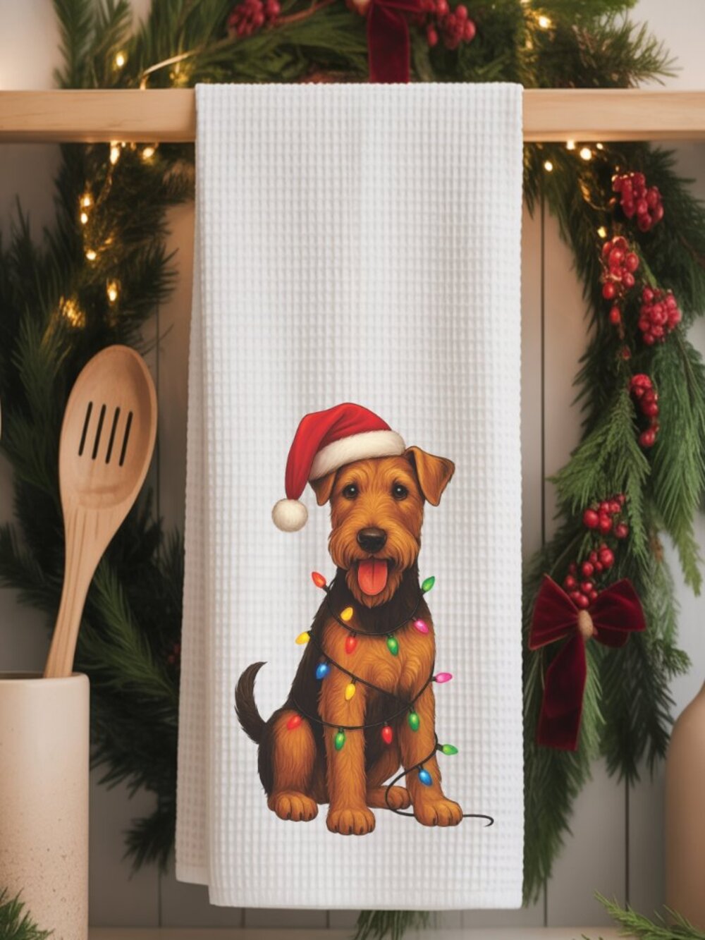 Airedale Terrier Christmas Lights Decorative Kitchen Tea Towel